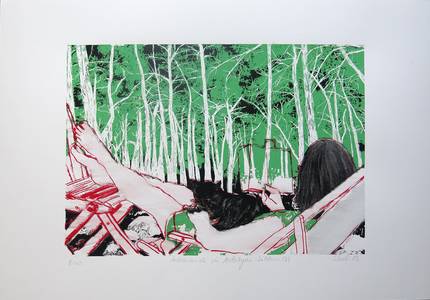 Lesereisende in Antalyas Wäldern - 2, Siebdruck auf Papier, 3 Farben, 29,4 x 42 cm auf A2, Doree, 170 g, 2019